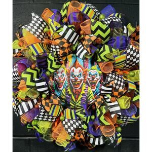Scary Halloween Wreath Creepy Killer Clowns Handmade XL 24 Inch Deco Mesh